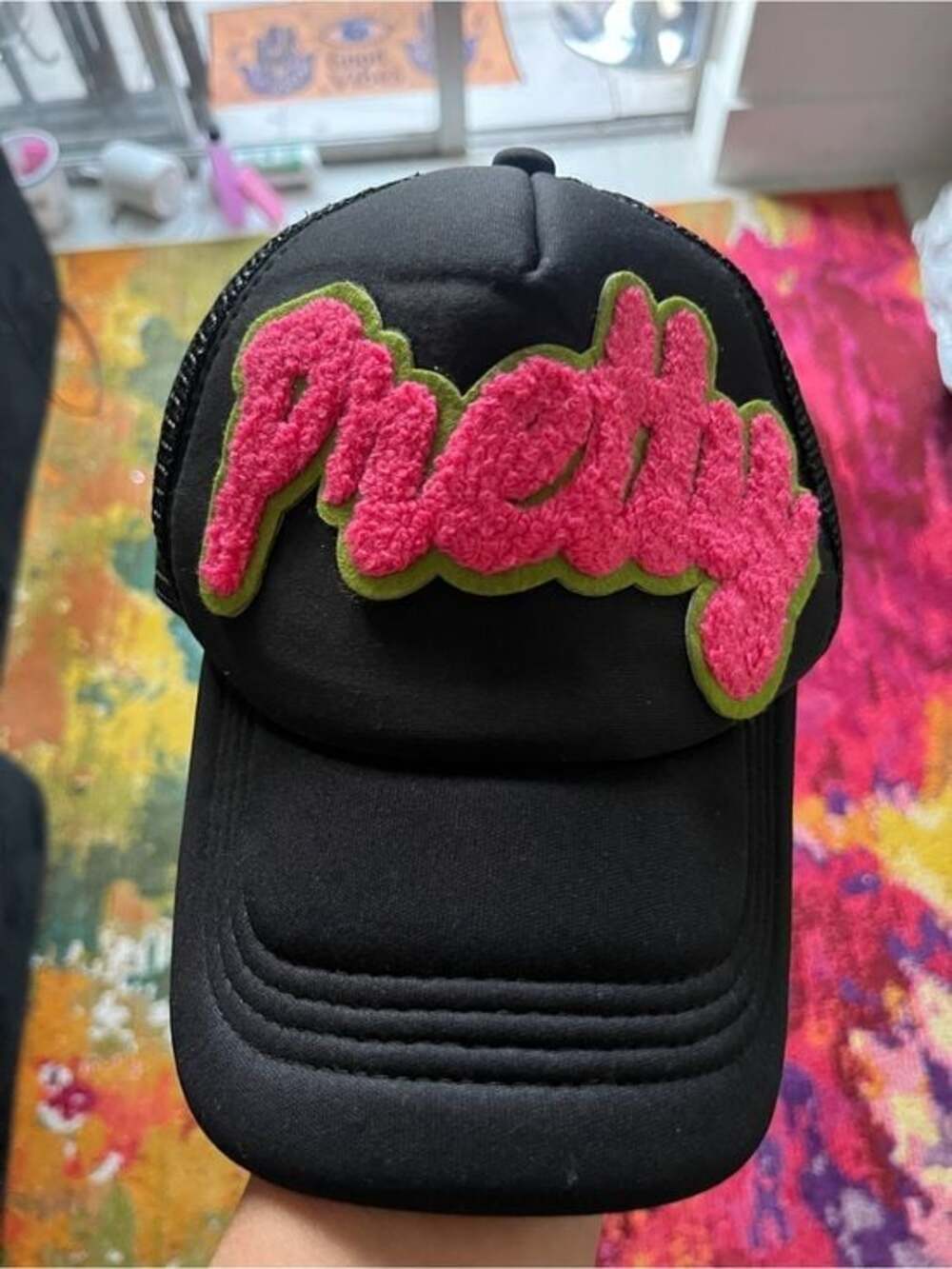 Custom Hat - Women's Black Trucker Hat with Pink Fuzzy Script Patch